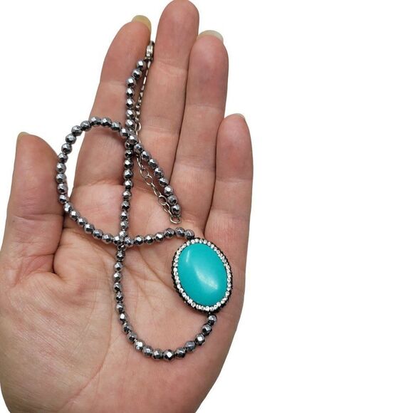 Vintage 90s Signed LUC Silver Bicone Rhinestone Faux Turquoise Oval Pendant Coll - Picture 4 of 13